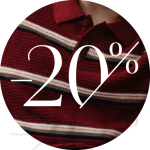 Ein kastanienbraun gestreiftes Hemd mit einem weißen "-20%"-Rabatttext darüber, der auf einen Verkauf oder eine Werbeaktion hindeutet.