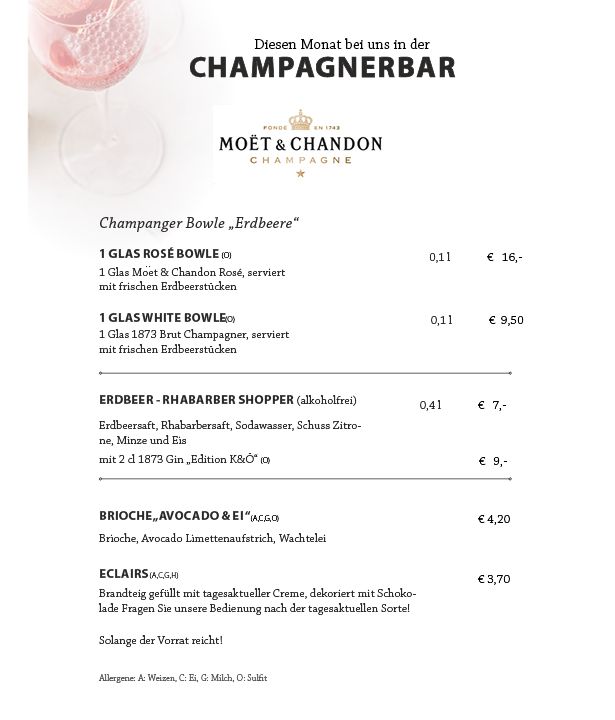 Menü mit dem Titel "Champagnerbar" mit Moët & Chandon Champagner, Erdbeerbowle, Snacks und Desserts. Rosa Getränk im Glas oben links.