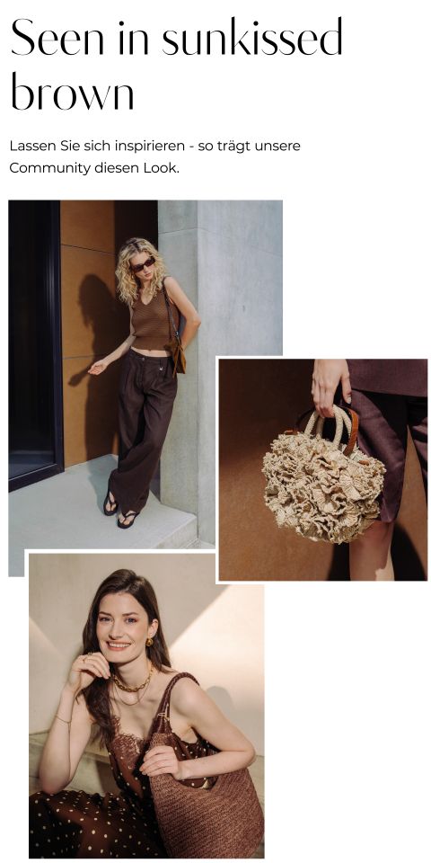 Drei Frauen tragen braune Outfits und Accessoires in sonnenbeschienenen Außenbereichen und präsentieren sommerliche Mode und strukturierte Taschen.