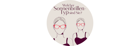 Zwei abgebildete Frauen mit Sonnenbrillen, eine vorne und eine hinten, unter dem deutschen Text „Welcher Sonnenbrillen-Typ sind Sie?“ in einem beigen Kreis.