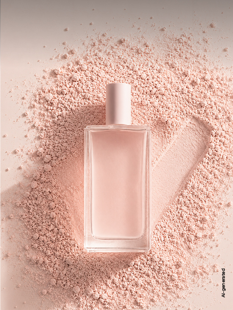 Auf hellrosa Puder steht ein rosa Parfümflakon, neben dem im Puder ein Häkchen gezeichnet ist.