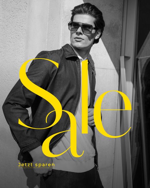 Draußen steht ein eleganter Mann mit Sonnenbrille; in großen gelben Buchstaben steht "Sale" und darunter "Jetzt sparen".