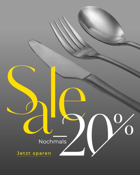 Grauer Hintergrund mit einem Löffel, einer Gabel und einem Messer über einer großen gelb-weißen Schrift mit der Aufschrift „Sale 20 %“. Der deutsche Text lautet: „Nochmal Jetzt sparen.“.