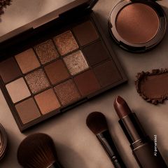 Auf einer beigen Fläche sind eine Make-up-Palette mit Brauntönen, ein Rouge-Etui, ein dunkler Lippenstift und Pinsel angeordnet.