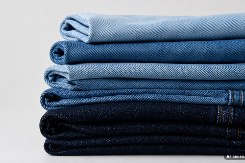 Auf einer weißen Fläche liegt ein Stapel gefalteter Jeans in verschiedenen Blautönen.