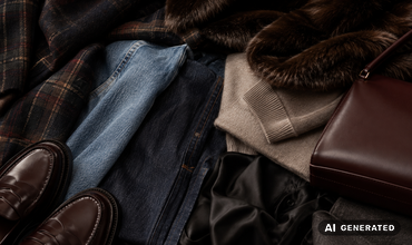Ein „Flat Lay“ mit braunen Loafers, blauen Jeans, einem karierten Mantel, einem beigen Pullover, einem Satinrock, Kunstfell und einer braunen Handtasche, das die Must-haves der Herbstmode präsentiert.