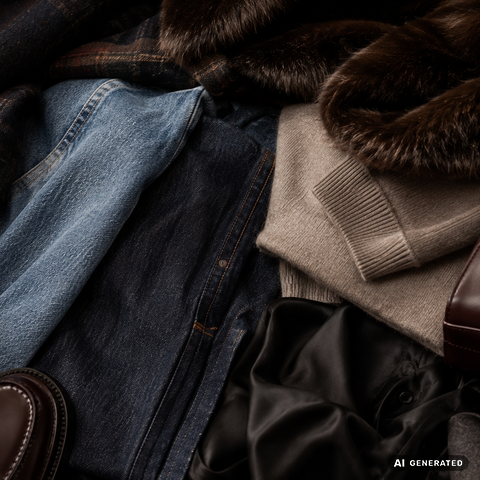 Eine Nahaufnahme verschiedener Kleidungsstücke, darunter Jeans, Strickwaren, ein Pelzkragen, schwarzer Satin, Karomuster und ein glänzender brauner Schuh.