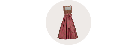 Ärmelloses, weinrotes Dirndl mit eng anliegendem Oberteil, Knopfverzierungen und einem passenden, um die Taille gebundenen Gürtel, präsentiert vor einem schlichten, hellen Hintergrund.
