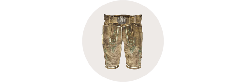 Braune Lederhosen-Shorts aus Leder mit Stickerei, einer Vorderklappe, Seitentaschen und einem Ziergürtel, präsentiert vor einem schlichten, hellen Hintergrund.