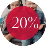 Zwei Kinder sitzen nebeneinander, teilweise verdeckt von einem roten Kreis, auf dem „-20 %“ steht, um für einen Rabatt zu werben.