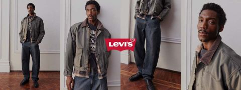 Ein Mann präsentiert Levi’s-Jeans und eine graue Jacke in einer stilvollen Innenkulisse. Das Levi’s-Logo ist zwischen drei Fotos des Outfits zentriert.