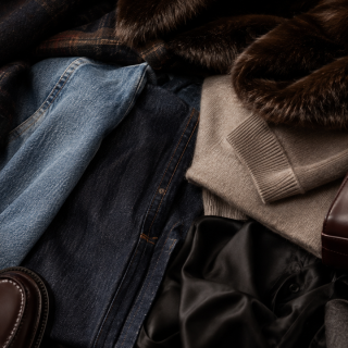 Zusammengefaltete Kleidungsstücke, darunter Jeans, ein beiger Pullover, eine Jacke mit Pelzbesatz, ein schwarzes Seidenkleid und ein brauner Lederschuh.