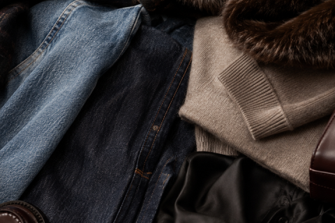Zusammengefaltete Kleidungsstücke, darunter Jeans, ein beiger Pullover, eine Jacke mit Pelzbesatz, ein schwarzes Seidenkleid und ein brauner Lederschuh.