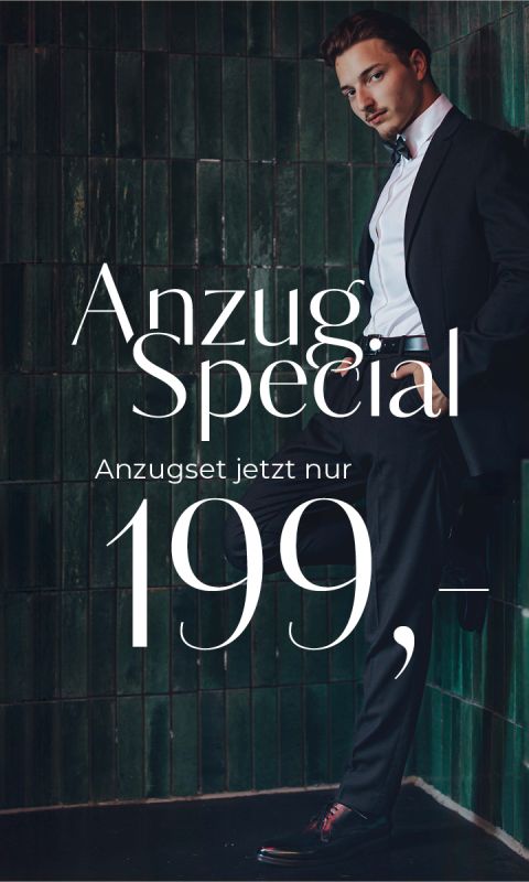 Ein Mann in einem schwarzen Anzug steht vor einer dunkelgrün gefliesten Wand. Text: „Anzug-Special. Anzugset jetzt nur 199,-“.