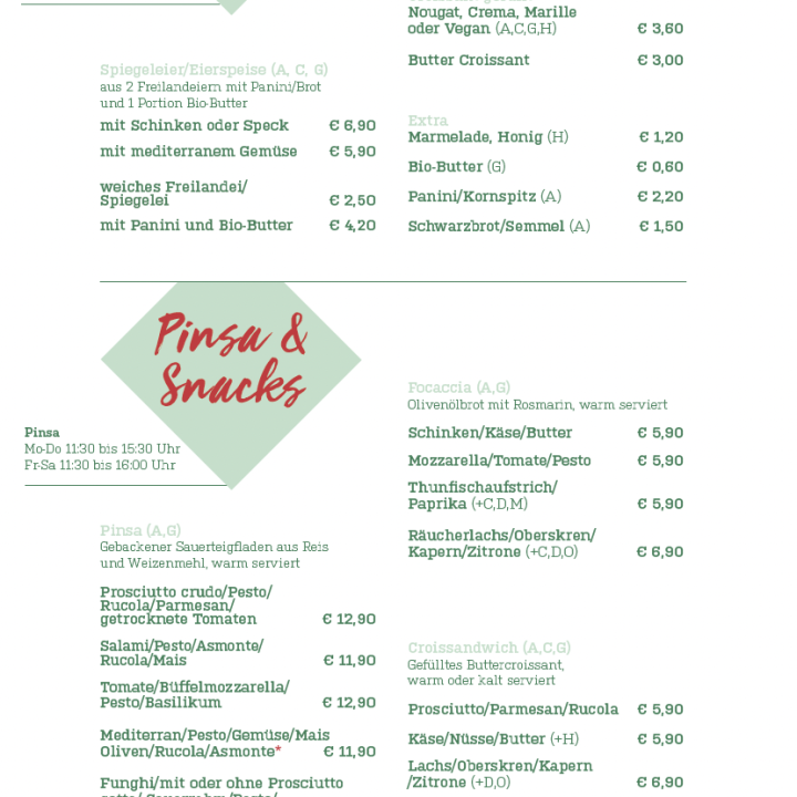 Speisekarte mit Rubriken für Frühstück, Pinsa und Snacks. Enthält Bezeichnungen, Beschreibungen und Preise auf Deutsch vor einem weiß-grünen Hintergrund.