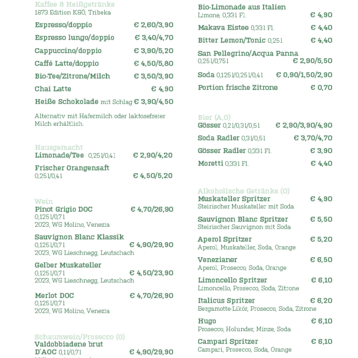 Speisekarte mit Rubriken für Heißgetränke, Säfte, Weine, Bier, Erfrischungsgetränke sowie alkoholfreie und alkoholische Getränke, wobei die Preise in Euro neben den einzelnen Positionen angegeben sind.