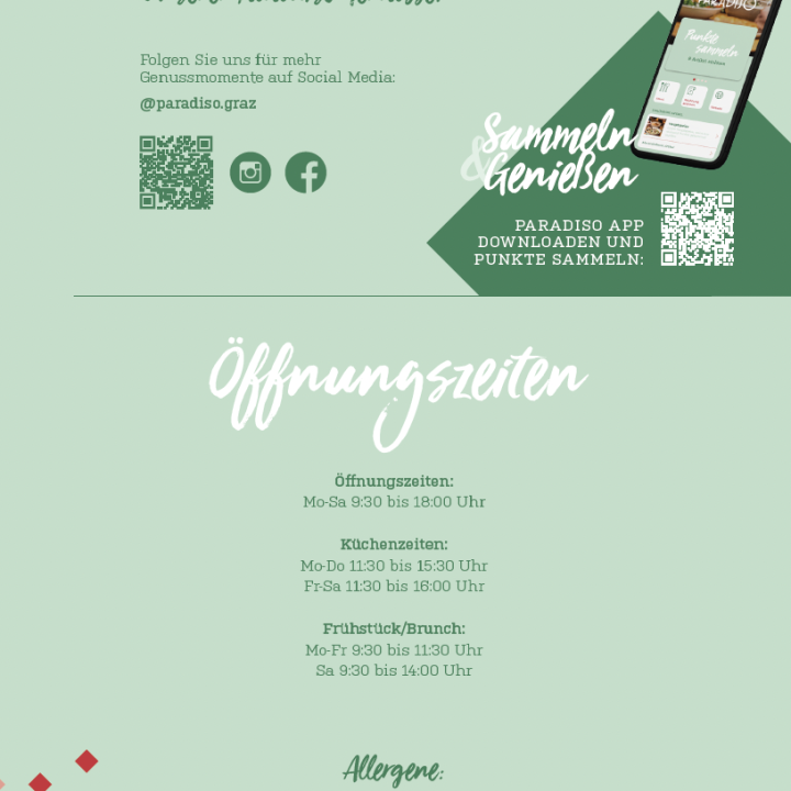 Grünes Informationsplakat auf Deutsch mit Öffnungszeiten, Allergenen und einem Smartphone, auf dem die Paradiso-App zum Sammeln von Punkten zu sehen ist; enthält Links zu den sozialen Medien.