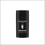 Ein schwarzer Deostift mit den Aufschriften „PHANTOM PARFUM“ und „rabanne DEODORANT STICK“ steht aufrecht vor einem weißen Hintergrund.