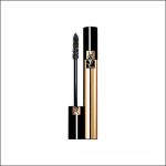 Eine gold-schwarze Mascara-Tube mit einem Applikator, die aufrecht abgebildet ist, wobei die Kappe entfernt ist und das YSL-Logo auf beiden Teilen zu sehen ist.