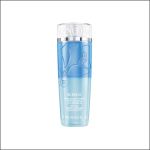 Eine Flasche Lancôme Bi-Facil Augen-Make-up-Entferner mit blauer Flüssigkeit, silbernem Verschluss und weißem Etikettentext. Inhalt: 125 ml (4,2 FL. OZ.).
