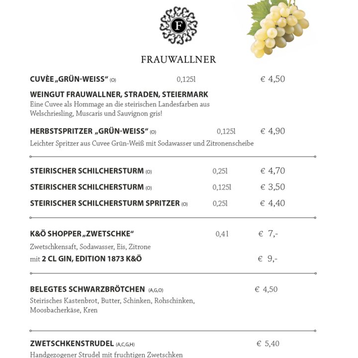 Speisekarte für eine Champagnerbar mit Schaumweinen, Cocktails, Snacks und Desserts. Enthält Preise und eine Traubenillustration in der oberen rechten Ecke.