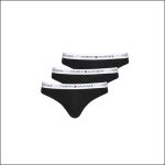 Drei Paar schwarze Tommy-Hilfiger-Slips mit weißem Bund, auf denen das Markenlogo und ein Schriftzug zu sehen sind, präsentiert vor einem schlichten weißen Hintergrund.