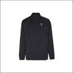 Schwarzer Pullover mit langen Ärmeln und Viertelreißverschluss, mit einem kleinen weißen „on“-Logo auf der linken Brust, das sich vor einem schlichten weißen Hintergrund abhebt.