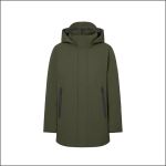 Olivgrüne Parka-Jacke mit Kapuze und zwei Reißverschlusstaschen vorne, abgebildet vor einem schlichten weißen Hintergrund.