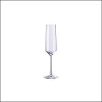 Ein einzelnes, leeres Champagnerglas mit langem Stiel steht mittig auf einem weißen Hintergrund.