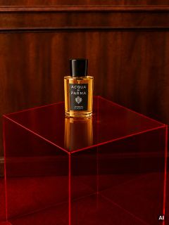 Auf einem durchsichtigen roten Sockel vor einem hölzernen Hintergrund steht ein Flakon Acqua di Parma-Parfüm.