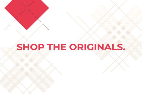 Auf weißem Hintergrund ist in roter Schrift der Text „SHOP THE ORIGINALS.“ zu lesen, umgeben von abstrakten roten und beigen geometrischen Formen und Linien.