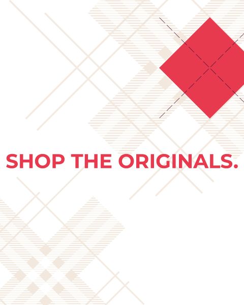 Der Text „SHOP THE ORIGINALS.“ auf weißem Hintergrund mit roten und beigen geometrischen Mustern und Linien.
