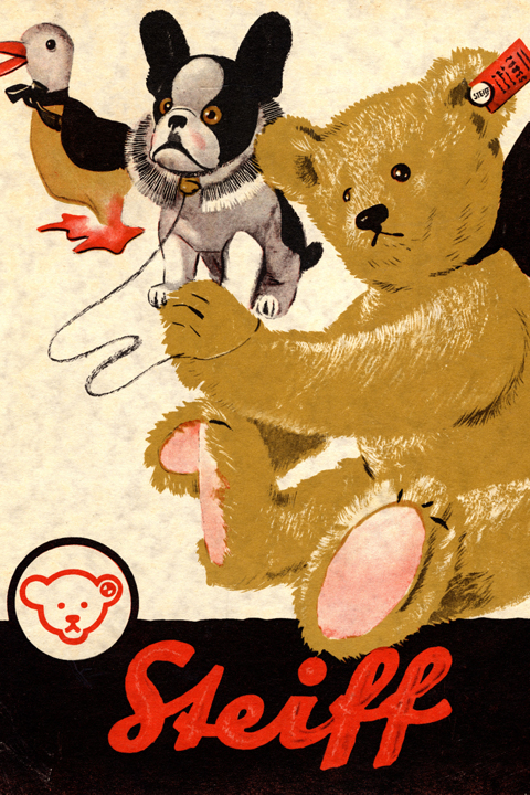 Vintage-Steiff-Poster mit einem Teddybären, einem Hundespielzeug und einer Entenpuppe; unten das Steiff-Logo und roter Text in Schreibschrift.