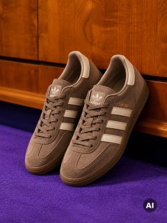 Ein Paar braune Adidas-Sneaker mit weißen Streifen und beigen Details, die auf einem violetten Teppich vor einem Holzschrank stehen.