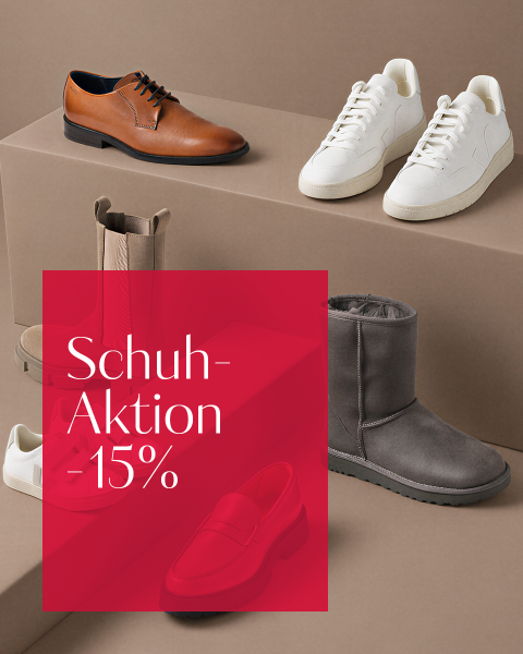 Eine Auswahl an Herrenschuhen wird zusammen mit einem roten Banner präsentiert, auf dem in weißer Schrift „Schuh-Aktion -15 %“ zu lesen ist, was auf einen Schuhrabatt von 15 % hinweist.