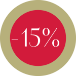 Beige circular badge with a red center displaying -15% discount text.