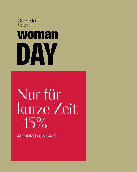 Werbeanzeige für den „Frauentag“ mit einem zeitlich begrenzten Rabatt von 15 % auf Ihren Einkauf, mit deutschem Text auf hellbraunem und rotem Hintergrund.