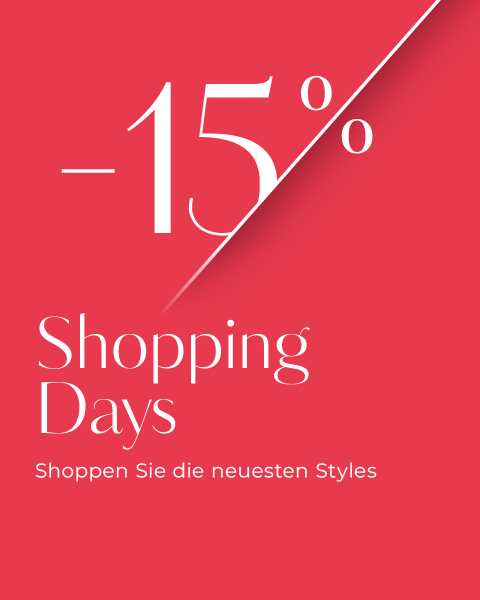 Rote Grafik mit der Aufschrift „-15 %“ in großer Schrift und darunter in Weiß „Shopping Days“ sowie „Shoppen Sie die neuesten Styles“.