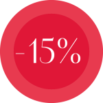 Ein rotes, rundes Abzeichen mit der Aufschrift „-15 %“ in weißer Schrift in der Mitte, das einen Rabatt von fünfzehn Prozent anzeigt.