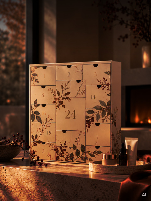 Eine Adventskalender-Schachtel mit nummerierten Schubladen, verziert mit einem botanischen Motiv, die auf einer Theke neben Hautpflegeprodukten steht.