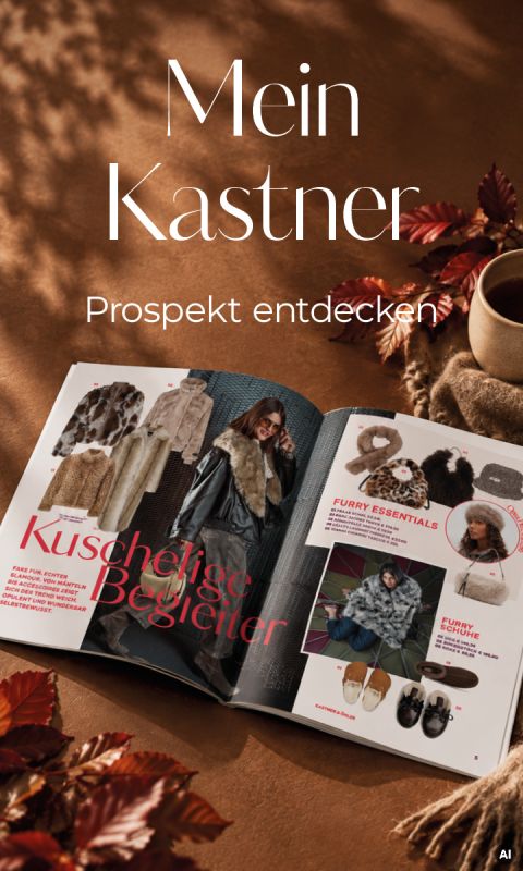 Ein aufgeschlagenes Magazin mit Modeprodukten, überlagert von den Texten „Mein Kastner“ und „Prospekt entdecken“.