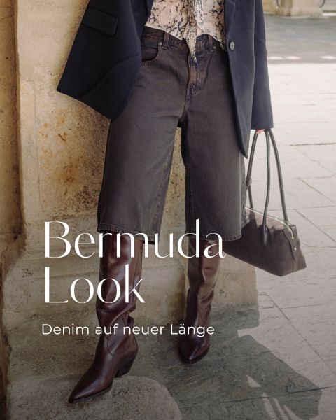 Model wearing a navy blazer, patterned blouse, dark denim Bermuda shorts, brown knee-high boots, and a black handbag; cover reads “Bermuda Look.”