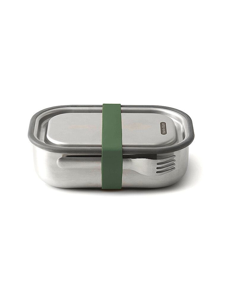 Lunchbox BLACK+BLUM Lebensmittelaufbewahrungsbehälter Gr B H L 15 cm x 65 cm x 20 cm grün (olivgrün edelstahlfarben) Lunchboxen Lebensmittelaufbewahrungsbehälter mit Silikon-Ventil Gabel und Gurt 1000 ml