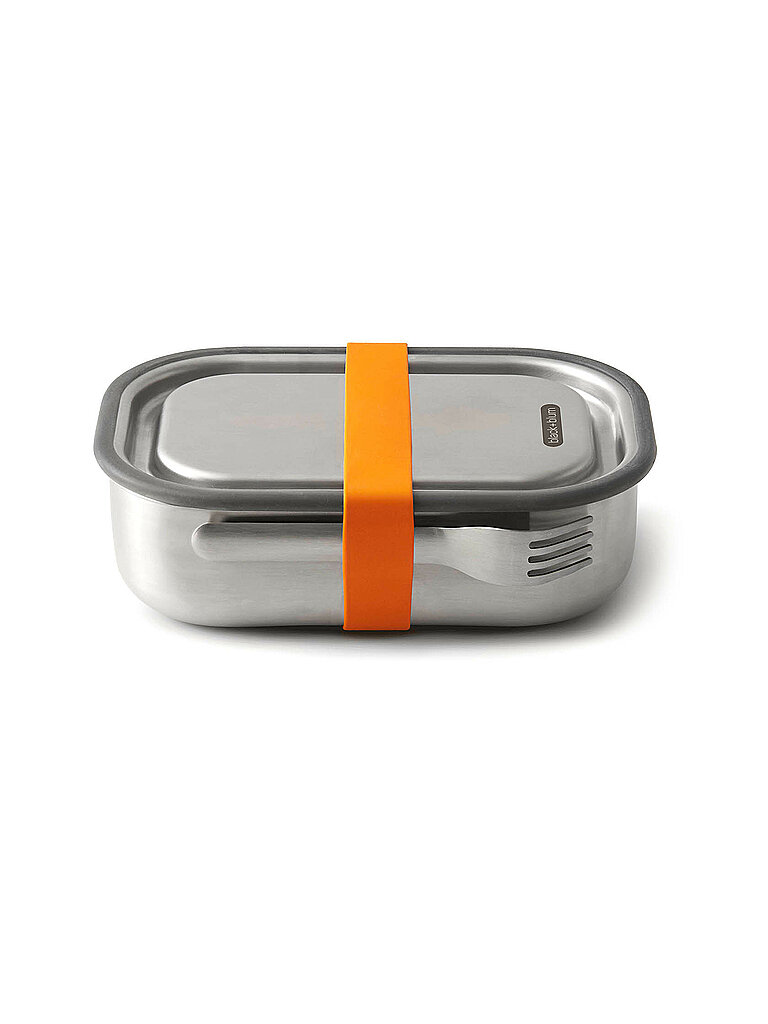 Lunchbox BLACK+BLUM Lebensmittelaufbewahrungsbehälter Gr B H L 15 cm x 65 cm x 20 cm orange (orange edelstahlfarben) Lunchboxen Lebensmittelaufbewahrungsbehälter mit Silikon-Ventil Gabel und Gurt 1000 ml