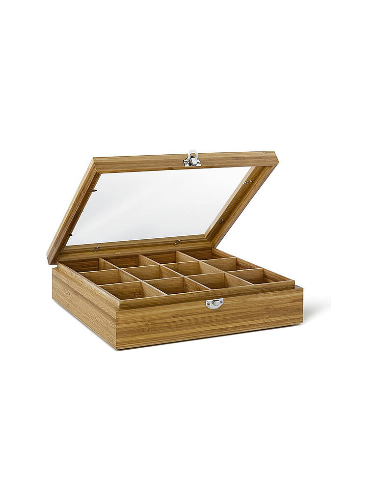 Luxus-Teekiste aus Bambus von mit zwölf Fächern und einem Glasdeckel- Die Bambusbox mit 12 Fächern