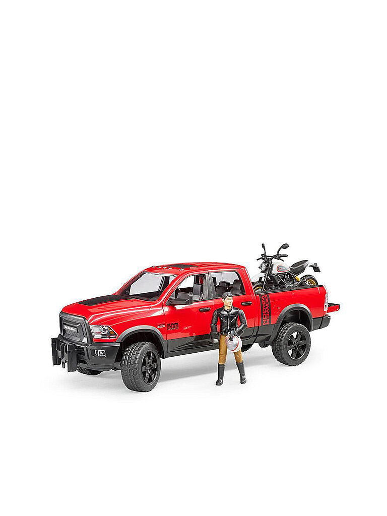 BRUDER RAM 2500 Power Wagon mit Scrambler Ducati Desert Sled u. Fahrer 02502