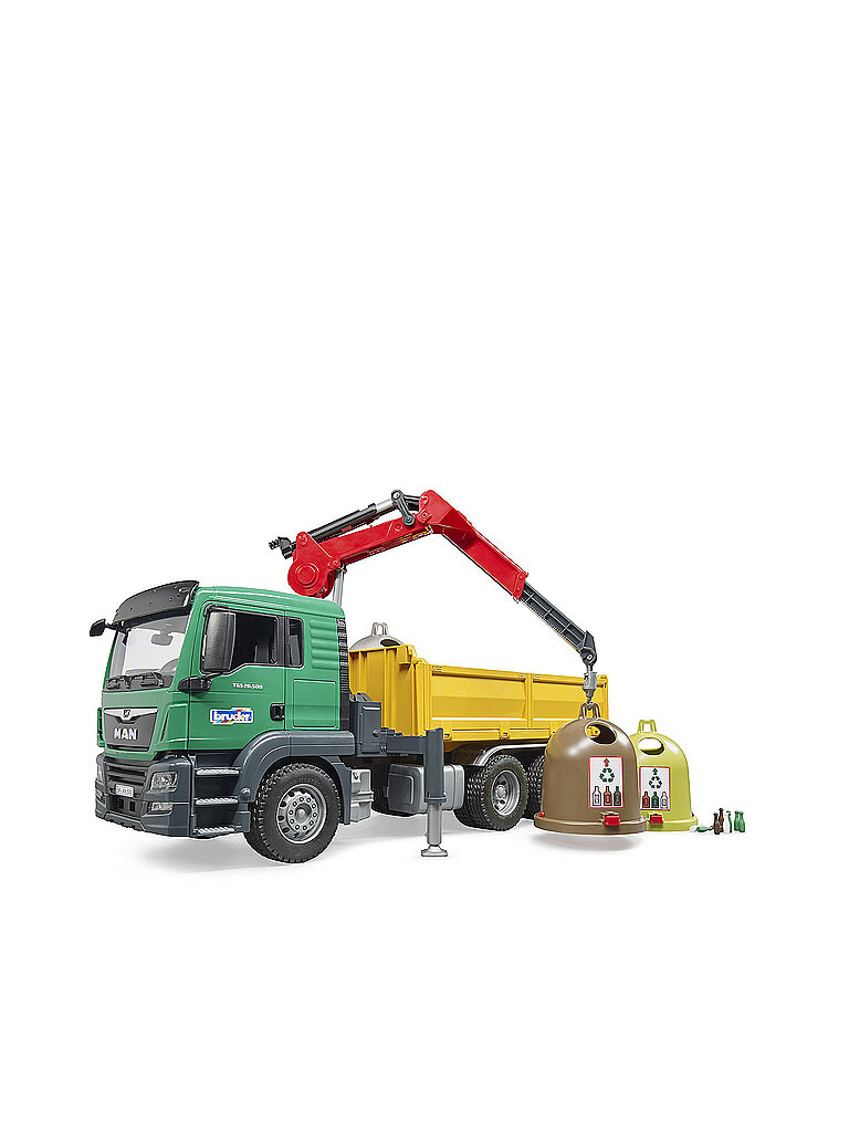 BRUDER MAN TGS Kran-LKW mit 3 Altglascontainern und Flaschen 03753