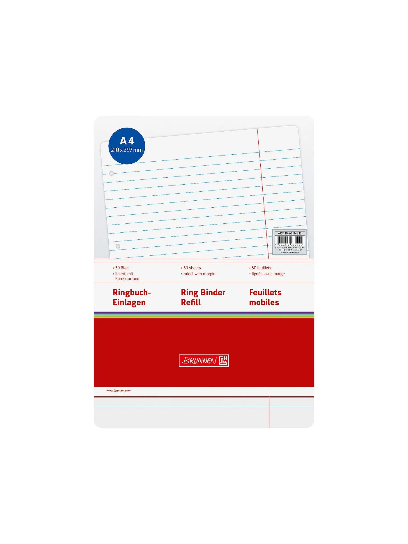BRUNNEN VERLAG | Ringbucheinlagen - 50 Blatt liniert mit Korrekturrand | keine Farbe