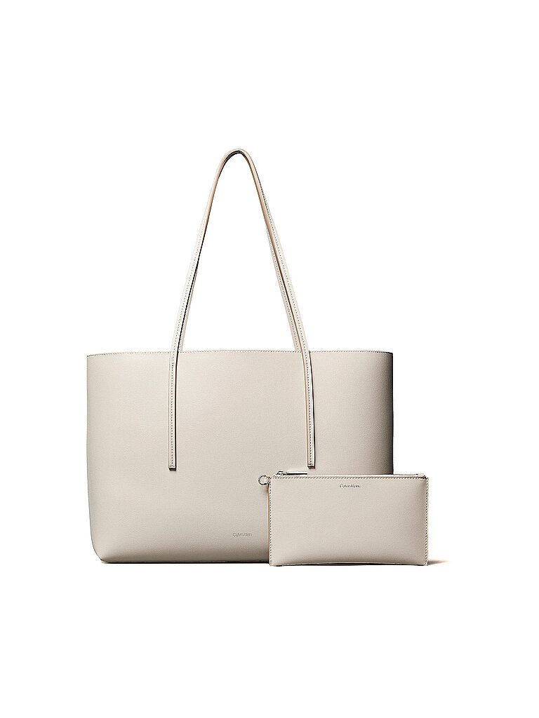 Henkeltasche CALVIN KLEIN FOIL LOGO TOTE W POUCH Damen Gr B H T 40cm x 28cm x 12cm beige (chateau desert taupe) Lederimitat unifarben Taschen Damen-Schultertasche mit Reißverschluss-Tasche