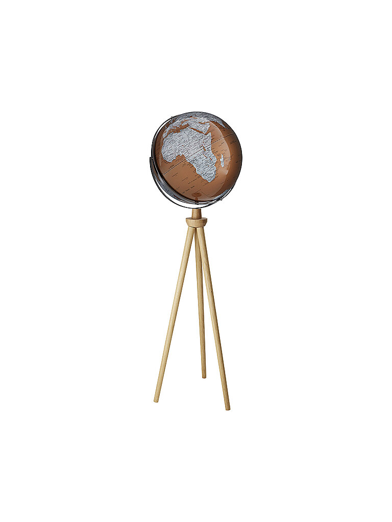 TROIKA Standglobus Ø 43 cm, SPUTNIK Globus auf echtem Eichholz-gestell, Höhe 1,40m, Globus drehbar auf 2 verchromten beweglichen Achsen, Karte mit bronzener silberner Farbgebung und Relief